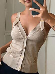 DAZY Women's Solid Color Camisole V-Neck Sleeveless Elegant Summer Thin Knit Tank Top Vacation - Khaki - View 3