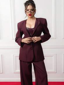 Criza Taa 2pcs Women's Minimalist Solid Color Single-Breasted Blazer And Pants Suit Set, Office/Commute,Fall,Fall Clothes For Women - Burgundy - View 3