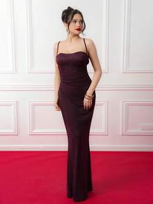 Criza Taa Summer Women Lace Patchwork Spaghetti Strap Dress, Suitable For Graduation Party, Wedding Guest Dress, Date, Banquet, Party, Sisterhood Gathering,Dresses For Women Elegant,Elegant Party Dresses,Dresses For Women Elegant,Valentine's Day,Valentine Outfits For Women - Maroon - View 3