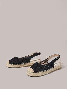 Styleloop Ladies Flat Bottom Round Toe Electric Embroidery Flower Hollow Hemp Rope Beach Leisure Holiday Sandals - Black - View 2