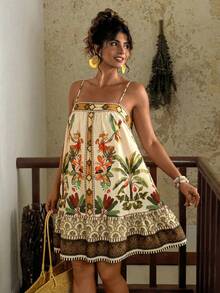 Travachic Plus Size Casual Tropical Colorful Green Plant Print Spaghetti Strap Short Dress, Summer To Early Autumn Vacation Sundress - Multicolor - View 5