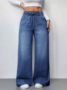 SHEIN Tall Quần jeans nữ dáng rộng cạp cao màu xanh dương, quần jeans nữ mùa hè, quần jeans cạp chun, quần jeans dáng suông rộng rãi. - Rửa tối - Xem 6