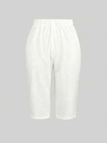 SHEIN LUNE CURVE Celana Panjang Wanita Ukuran Besar Motif Garis-Garis Linen Musim Semi/Panas Kasual Nyaman, Celana Capri untuk Pakaian Sehari-hari/Pantai dengan Hiasan Kancing - Putih - View 2