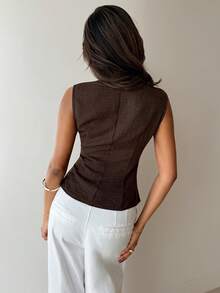 Aloruh New Minimalist Fashion Commuter Lace Patchwork Waist Ruched Asymmetric V-Neck Pullover Blouse - Brown - View 2