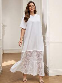Rosumi Robe longue blanche en dentelle et patchwork pour grandes tailles, idéale pour les vacances - Blanc - Voir 8