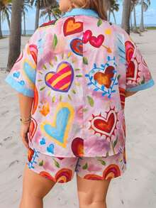 SHEIN CURVE+ 2026新款大码女式两件套印花度假衬衫和短裤，女士度假服装/沙滩装/海滩装/海滩度假装/海滩必备/毕业典礼/下午茶派对装，两件套夏季服装/乡村/海滩度假装/沙滩装 - 彩色 - 查看 2