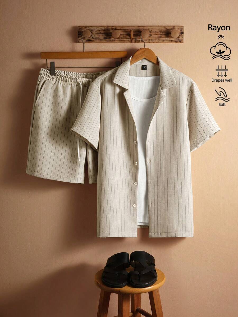 Core Aspect Men's Drop Shoulder Vertical Striped Casual Short Sleeve Shirt And Shorts Set - Khaki - View 1