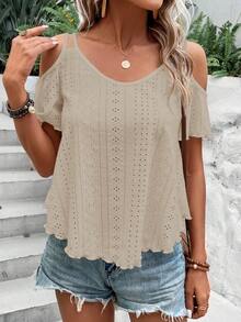 SHEIN LUNE Kaos Wanita Kasual Model Off-Shoulder dengan Bordir Jala, Musim Panas - Khaki - View 5