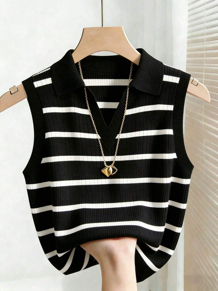 Áo vest dệt kim cổ bẻ kẻ sọc thanh lịch, kiểu dáng thường ngày dành cho nữ - màu đen - Xem 1