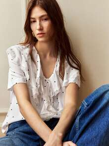 Écloséra 法式复古衬衫，休闲度假波点衬衫，蕾丝拼接衬衫，法式荷叶边下摆衬衫，V领短袖优雅衬衫，百搭职业女性衬衫，春夏女士衬衫 - 彩色 - 查看 4