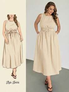 Auralis 亚麻无袖A字连衣裙，大码，优雅百搭，适合工作和通勤，松紧腰带配系带，喇叭下摆，休闲度假法式浪漫连衣裙，舒适的波西米亚风棕色连衣裙 - 杏色 - 查看 1