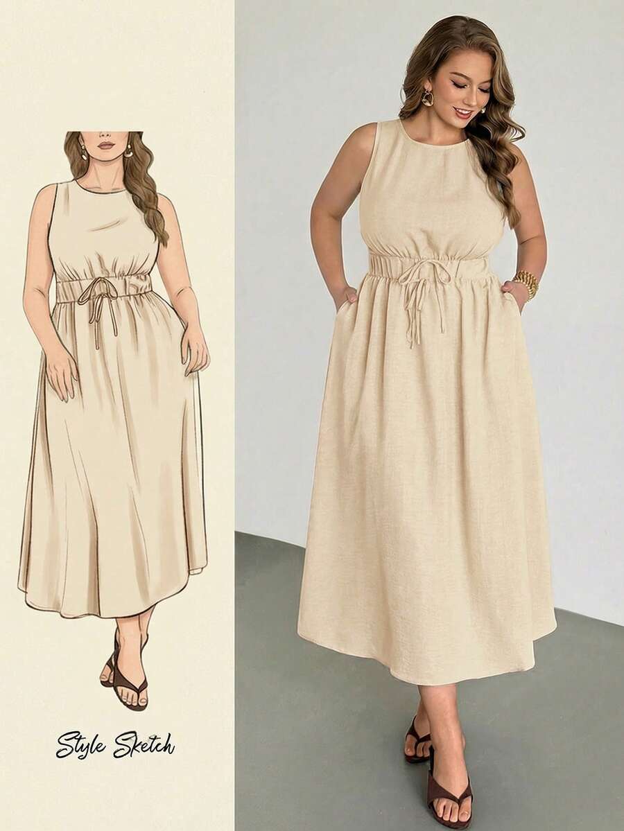 Auralis 亚麻无袖A字连衣裙，大码，优雅百搭，适合工作和通勤，松紧腰带配系带，喇叭下摆，休闲度假法式浪漫连衣裙，舒适的波西米亚风棕色连衣裙 - 杏色 - 查看 1