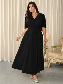 Firerie Plus Size Women's Fashionable Solid Color Wrap Around Pleated Dress - Black - View 8