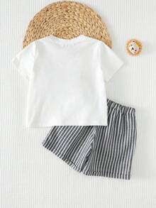 Cozy Pixies Ensemble court à manches courtes imprimé 3D d'animaux de dessin animé pour enfants, t-shirt rayé et short 2 pièces pour tout-petits garçons, ensemble d'été pour voyager - Multicolore - Voir 2