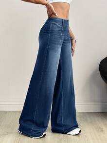 SHEIN Tall Tall Women's Front & Middle Patchwork Washed Loose Wide-Leg Jeans - Dark Wash - View 6
