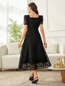 Modelyn Women's French Lace Elegant Waist Cinched Long Dress - Black - View 2