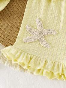 SHEIN Elladie kids 2件套女童条纹提花针织宽松背心短裤套装，适合休闲、度假、运动、夏季穿着 - 黃色 - 查看 6