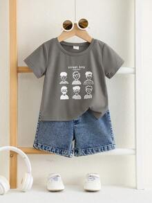 SHEIN 男婴夏季休闲灰色卡通T恤和蓝色牛仔短裤两件套，男婴套装，T恤套装，可爱套装，牛仔套装 - 彩色 - 查看 3