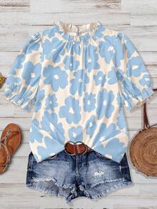 Linhara Plus Size Women's Round Neck Ruffle Puff Sleeve Floral Print Loose Retro Casual Blouse Top, Versatile Summer New Arrival - Baby Blue - View 5