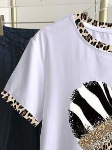 Resyla Women's Casual Round Neck Short Sleeve T-Shirt With Heart And Leopard Print - White - View 4