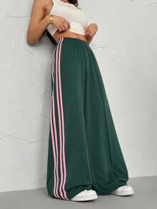 SHEIN PETITE Quần nỉ nữ ống rộng cạp chun, kẻ sọc bên hông, dáng rộng thoải mái, thích hợp cho mùa xuân hè và mùa tựu trường. - màu xanh lá - Xem 6