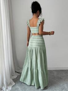 Elenzga Bộ đồ nữ màu xanh lá cây gồm áo croptop xoắn dây mảnh và chân váy xếp tầng, thích hợp cho các buổi tiệc, đi biển, du lịch. - màu xanh lá - Xem 2