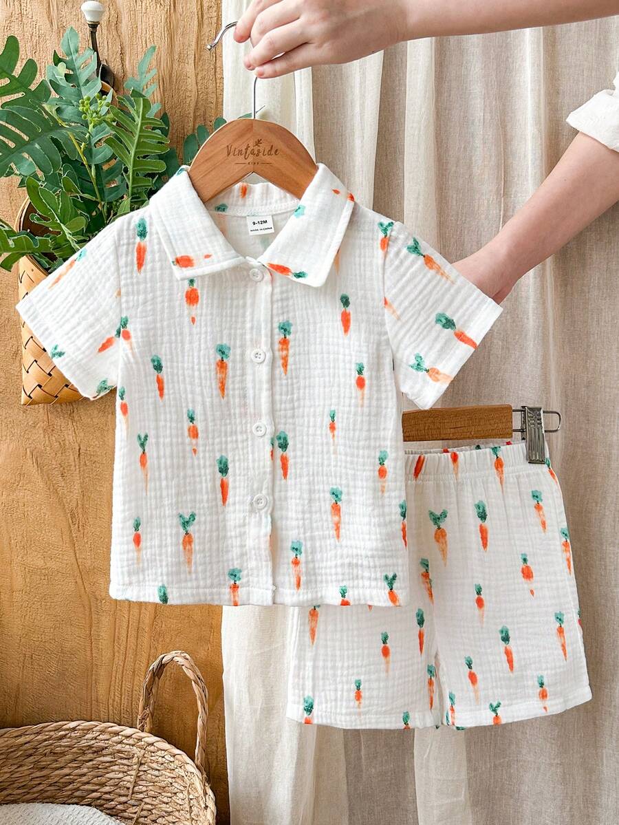 SHEIN Vintaside Kids Baby Boy Carrot Print Short Sleeve Button-Down Shirt And Shorts Set - Orange - View 1