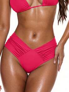 Swim Basics Bottom de bikini con fruncidos de color liso y escote en V para mujer, ropa de baño de verano - Rosado Sandía - Ver 5