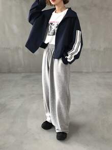 FRIFUL Chaqueta de manga larga con hombros caídos, corte holgado y rayas de color contrastante para mujer - Azul Marino - Ver 5