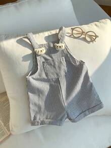 SHEIN Newborn Baby Boy Cute Summer Holiday Striped Cartoon 3D Bear Suspender Romper - Green - View 6