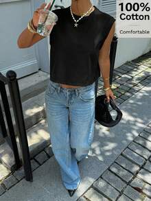 Siren Gaze Women's Solid Color Round Neck Loose Cropped Tank Top,Summer Top - Black - View 4