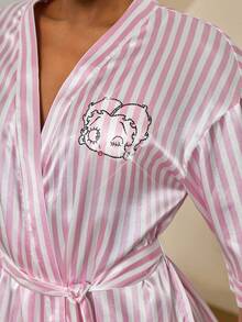 Betty Boop x SHEIN Women's Striped Cartoon Pattern Casual Loungewear Robe - Pink - View 8
