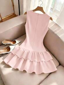 French Elegant Sleeveless Dress, Red Bow Decor Sleeveless Mini Dress, Suitable For Daily Outing, Date, Holiday - Pink - View 2