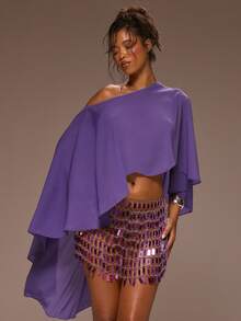 MUSERA Áo kiểu cape ngắn cổ thuyền bằng chiffon dệt họa tiết, thích hợp cho mùa xuân hè, kỳ nghỉ, buổi tối hoặc những dịp đặc biệt, phong cách Golden Sands. - Màu tím  Violet - Xem 1