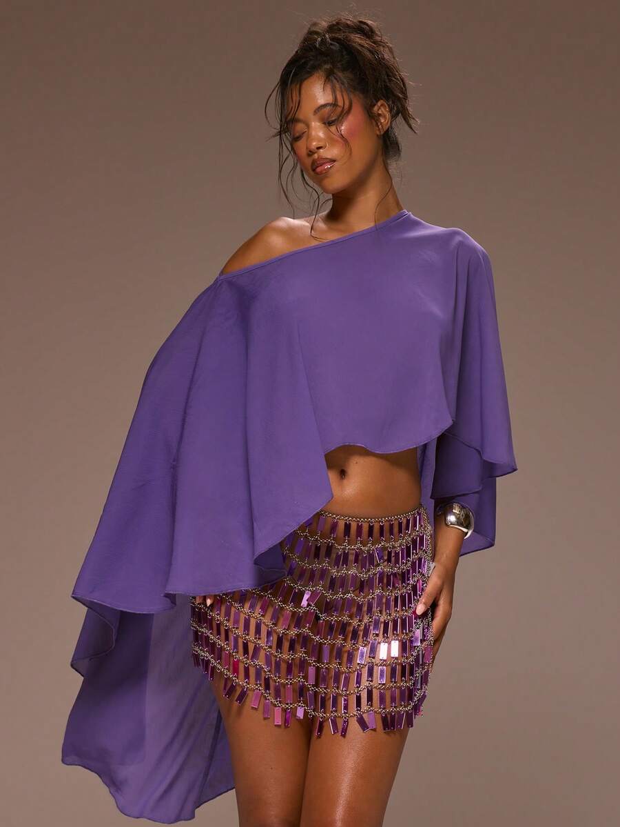 MUSERA Áo kiểu cape ngắn cổ thuyền bằng chiffon dệt họa tiết, thích hợp cho mùa xuân hè, kỳ nghỉ, buổi tối hoặc những dịp đặc biệt, phong cách Golden Sands. - Màu tím Violet - Xem 1