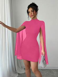 Selianne Đầm ôm sát ngắn với cổ đứng và áo choàng, màu trơn - Màu Hồng Tươi - Xem 6