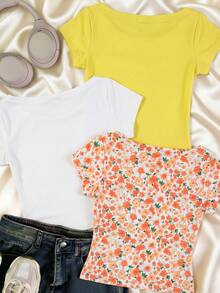 3pcs/Set Girls Vacation Tight Off-Shoulder Multicolor T-Shirts - Multicolor - View 2