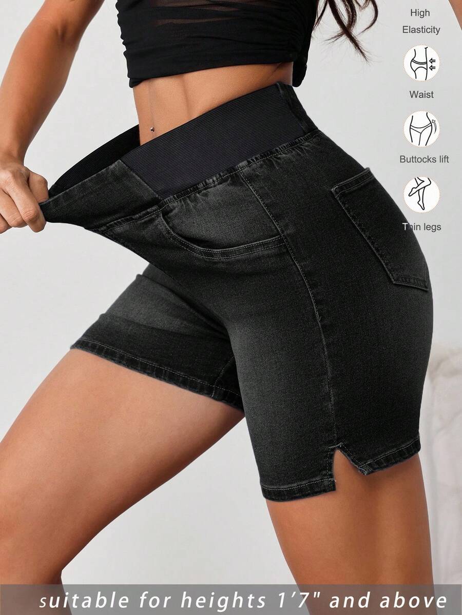SHEIN Tall 女款彈性腰口袋修身牛仔短褲 Jorts，適合高個女性