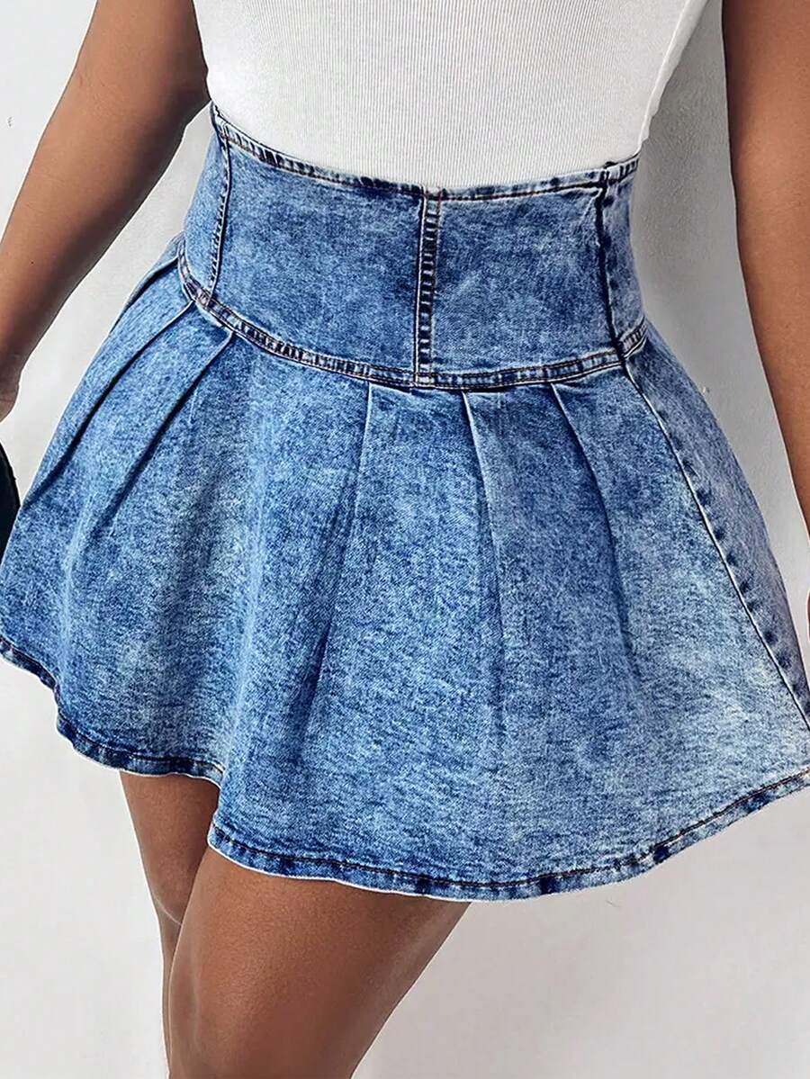 SHEIN ICON 女士高腰褶裥休闲牛仔裙 - 深色水洗藍 - 查看 1