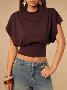 SHEIN x Luisa Sonza Silquee 女士纯色圆领蝙蝠袖短袖露脐上衣 - 咖啡棕 - 查看 5