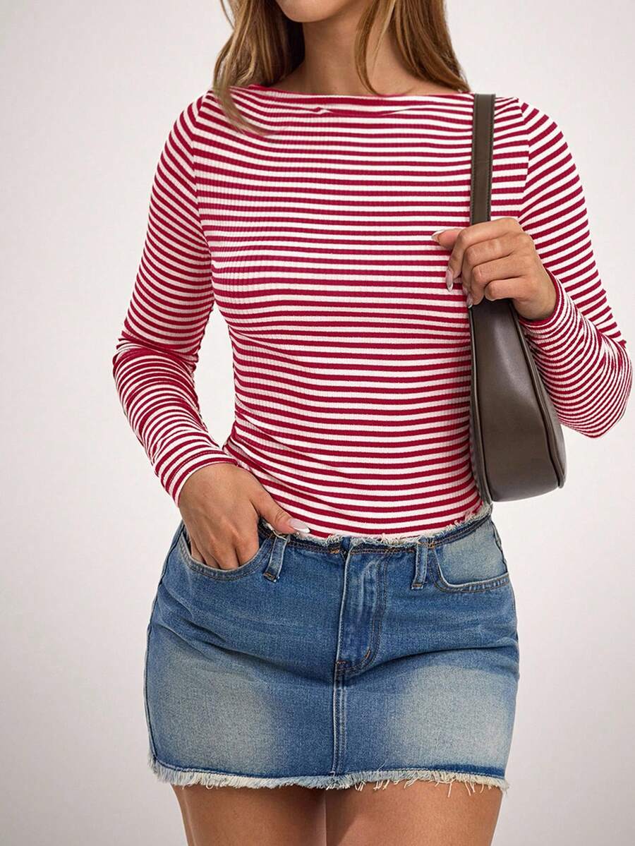 SHEIN Forever 21 Women's Striped Boatneck Long Sleeve Slim Fit Casual T-Shirt - Red - View 1
