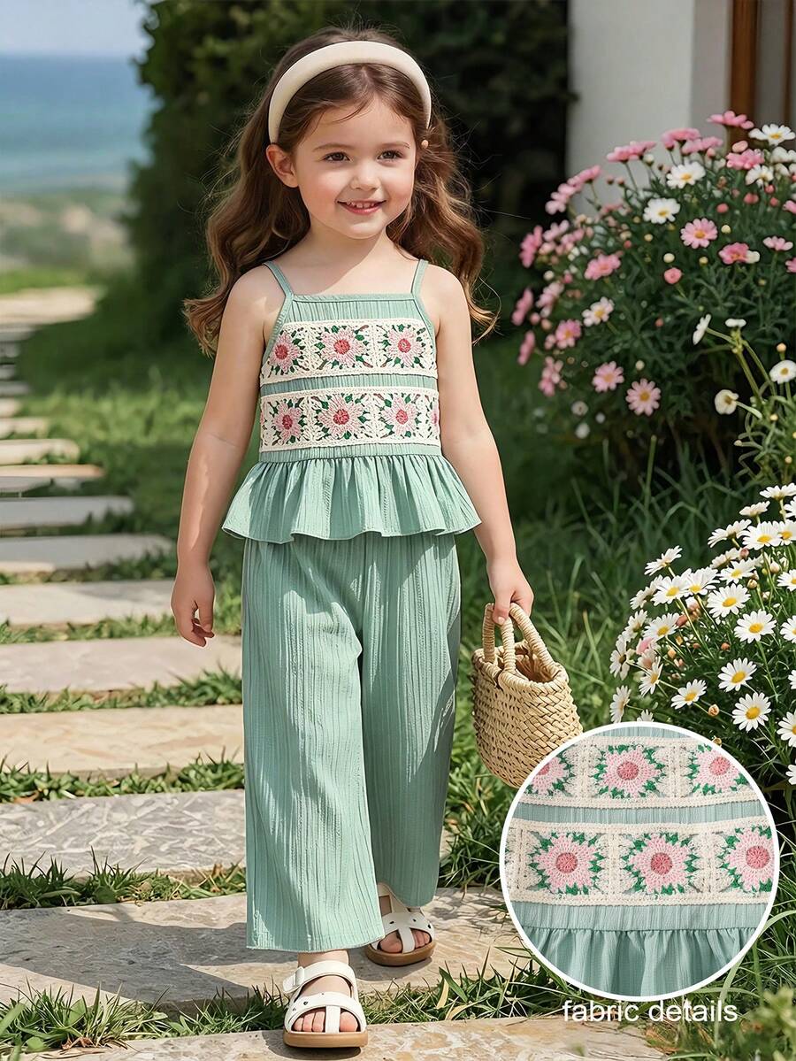 Elladie kids 女童休闲度假3D立体花卉钩编蕾丝边吊带背心搭配弹力腰带阔腿裤套装,夏季度假优雅可爱通勤装 - 綠色 - 查看 1