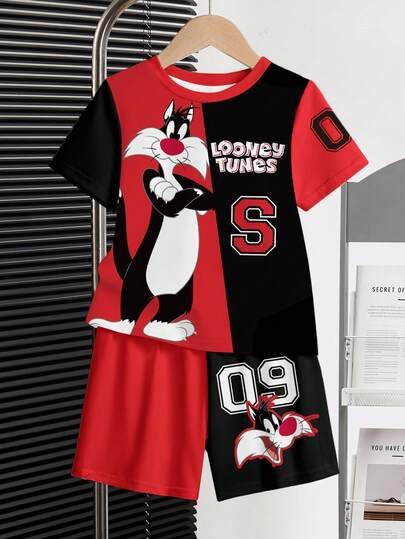 LOONEY TUNES X SHEIN 卡通印花短袖T恤和短裤套装，适合小男孩