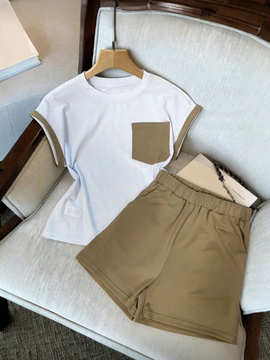 Franclia Conjunto Esportivo Casual de 2 Peças Inspirado em Kendall, Estilo Retrô Americano de Rua, Camiseta Gola Redonda com Recortes em Morcego e Bolso Contrastante + Calça Esportiva Casual com Cintura Elástica, Novo Conjunto de Camiseta de Manga Curta e Shorts Fashionable Slimming para Verão, Adequado para Uso Casual Diário, Encontro com Amigos, Fotografia de Rua, Férias, Esportes ao Ar Livre e Outras Ocasiões - Caqui - Visão 1