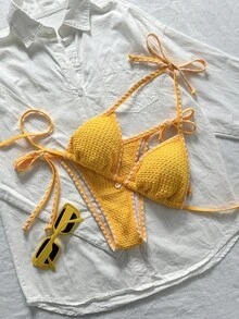 Swim Mod 女士纯色提花面料荷叶边系带两件式比基尼套装，夏季黄色两件式泳衣，黄色两件式泳装，女士黄色泳衣，黄色两件式泳装套装，黄色两件式比基尼套装，女士比基尼套装，女士钩针编织泳装，沙滩度假两件式套装 - 黃色 - 查看 1