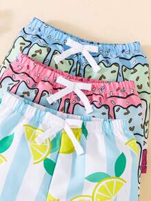 SHEIN Bộ 3 quần bơi cho bé trai kiểu dáng thường ngày, họa tiết hoạt hình sọc kẻ, cạp chun, thích hợp cho kỳ nghỉ. - Nhiều màu - Xem 4