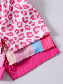 SHEIN Genkimix Kids 3件套少女休闲度假可爱碎花条纹纯色连体衣，适合多子女家庭、海滩度假、户外玩耍、上学等场合。 - 彩色 - 查看 4