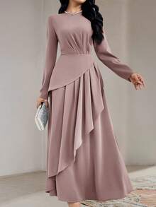 Veilorie Women's Solid Color Round Neck Long Sleeve Ruffle Hem Maxi Elegant Dress Long Evening Dresses - Dusty Pink - View 7