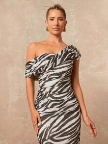 Lumalex White And Black Animal Print,Summer,Elegant Sexy,Party Date Night Night Women's Mesh One Shoulder Ruched Fitted Bodycon Dress For Beach Vacation - Coffee Brown - View 5
