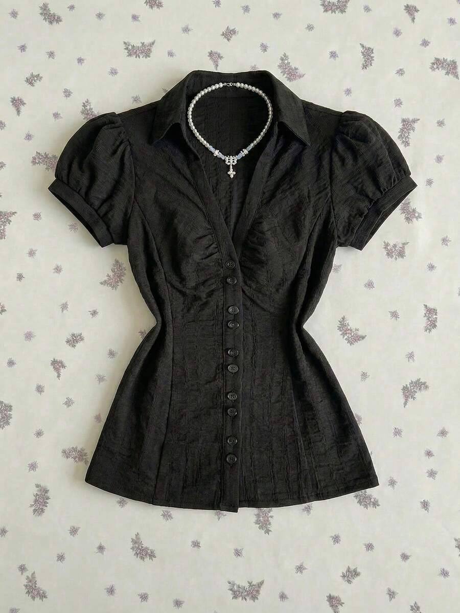 Flirla Women's V-Neck Fitted Waist Pleated Textured Fabric Blouse, Professional Wear, Summer, Button Closure Golf Pastal Sexy - Black - View 1